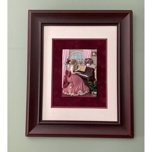3D Victorian Wall Art Girl Playing Piano Outlined by Red Velvet Fabric.